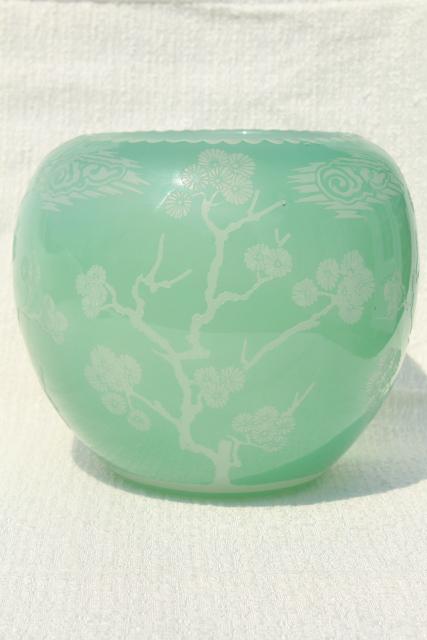 photo of 80s vintage Chinese glass vase, urn or gourd jar celadon green glass overlay carved design #2