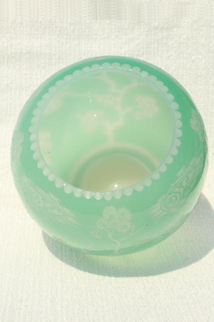 photo of 80s vintage Chinese glass vase, urn or gourd jar celadon green glass overlay carved design #3