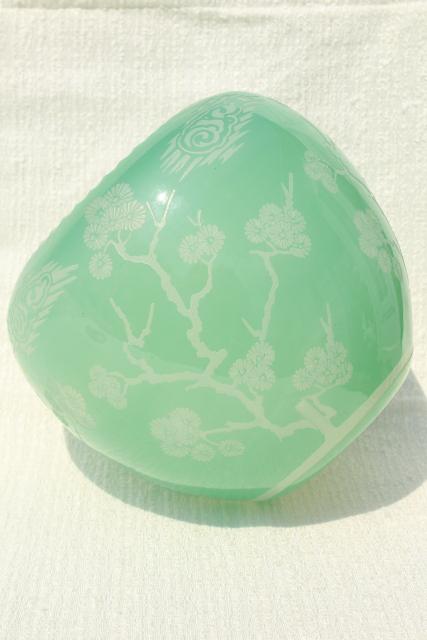 photo of 80s vintage Chinese glass vase, urn or gourd jar celadon green glass overlay carved design #4