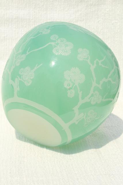 photo of 80s vintage Chinese glass vase, urn or gourd jar celadon green glass overlay carved design #5