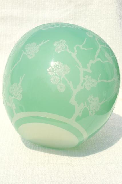 photo of 80s vintage Chinese glass vase, urn or gourd jar celadon green glass overlay carved design #8