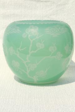 catalog photo of 80s vintage Chinese glass vase, urn or gourd jar celadon green glass overlay carved design