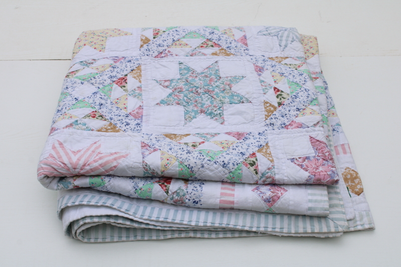 photo of 80s vintage Chinese hand stitched cotton patchwork quilt, star pattern candy pastel colors #1
