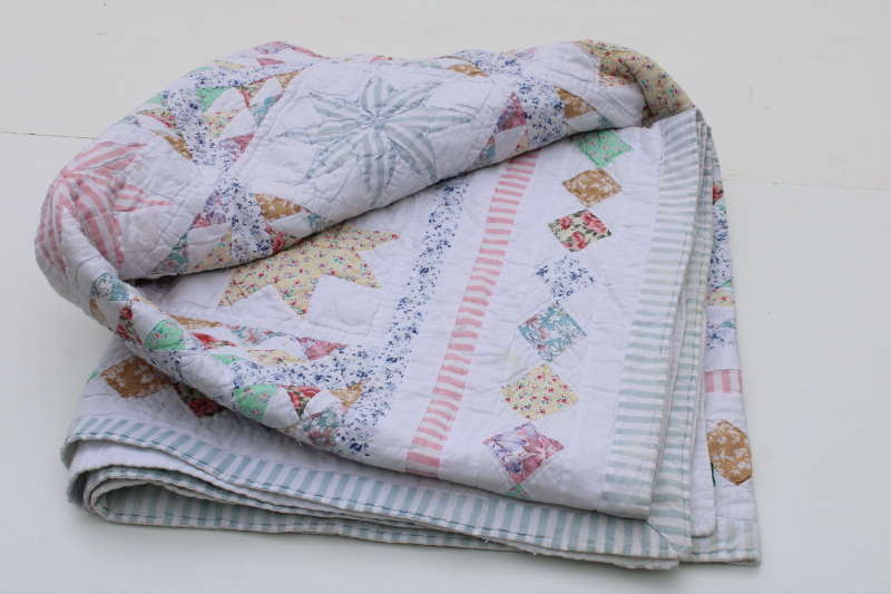 photo of 80s vintage Chinese hand stitched cotton patchwork quilt, star pattern candy pastel colors  #3