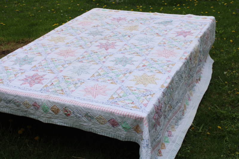 photo of 80s vintage Chinese hand stitched cotton patchwork quilt, star pattern candy pastel colors  #4