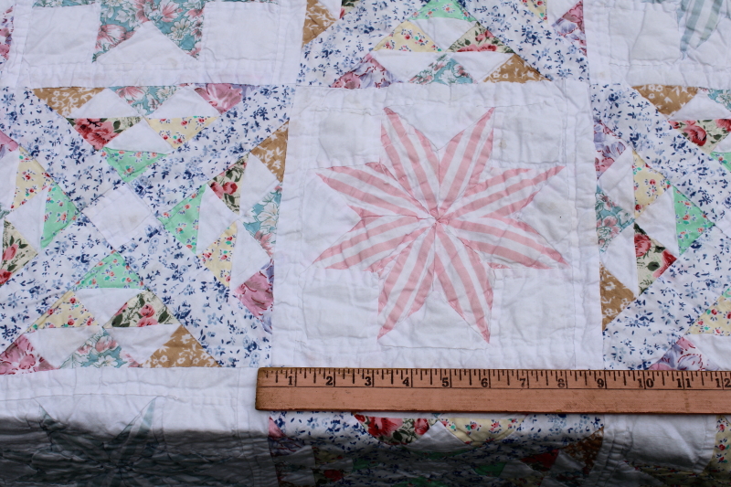 photo of 80s vintage Chinese hand stitched cotton patchwork quilt, star pattern candy pastel colors  #7