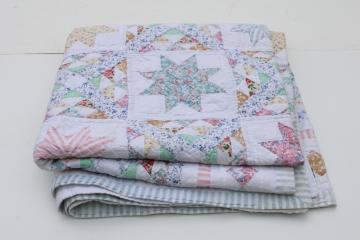 catalog photo of 80s vintage Chinese hand stitched cotton patchwork quilt, star pattern candy pastel colors 