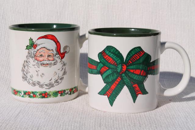 photo of 80s vintage Christmas coffee mugs w/ Santa Claus & holiday ribbon, made in Korea ceramic cups #1