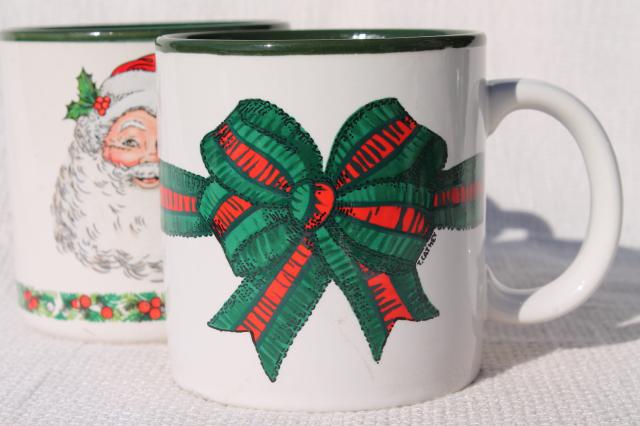 photo of 80s vintage Christmas coffee mugs w/ Santa Claus & holiday ribbon, made in Korea ceramic cups #2