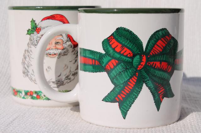 photo of 80s vintage Christmas coffee mugs w/ Santa Claus & holiday ribbon, made in Korea ceramic cups #3