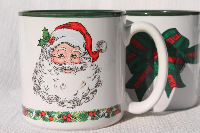 photo of 80s vintage Christmas coffee mugs w/ Santa Claus & holiday ribbon, made in Korea ceramic cups #5