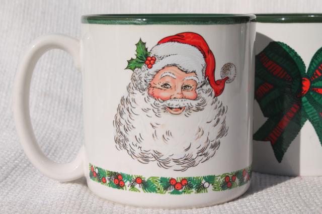 photo of 80s vintage Christmas coffee mugs w/ Santa Claus & holiday ribbon, made in Korea ceramic cups #6