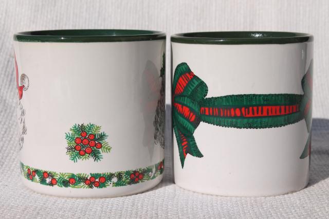 photo of 80s vintage Christmas coffee mugs w/ Santa Claus & holiday ribbon, made in Korea ceramic cups #9