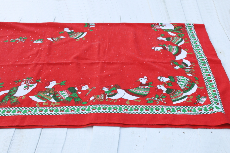 photo of 80s vintage Christmas goose print tablecloth, geese in sweaters & Santa hats!  #1