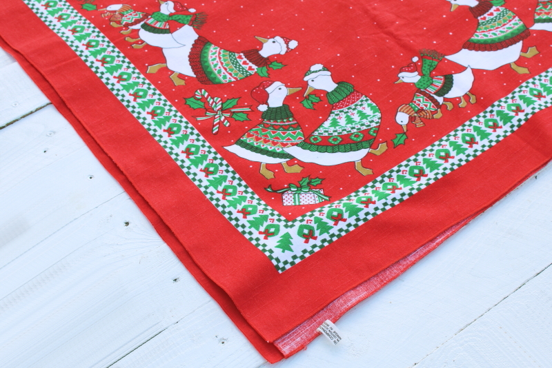 photo of 80s vintage Christmas goose print tablecloth, geese in sweaters & Santa hats!  #2