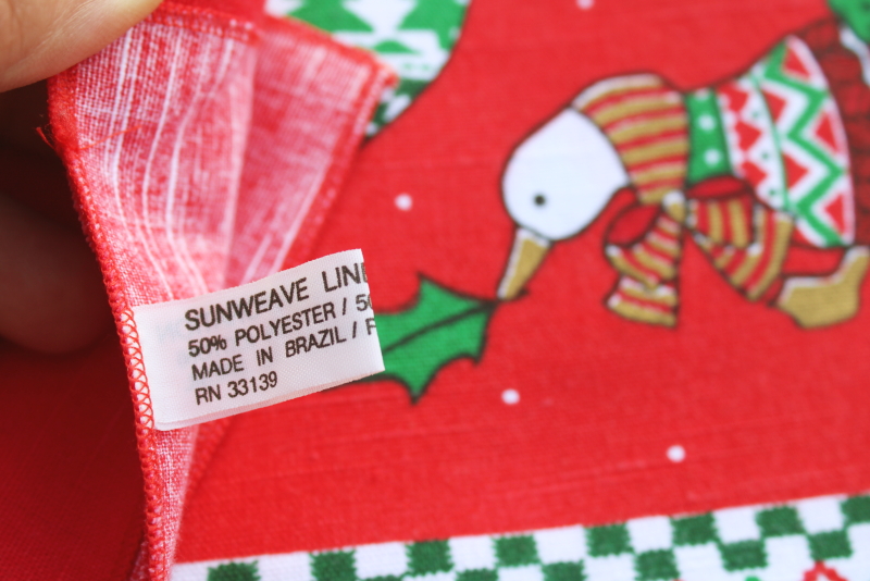 photo of 80s vintage Christmas goose print tablecloth, geese in sweaters & Santa hats!  #3