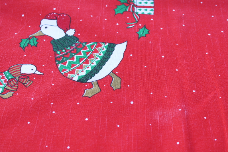 photo of 80s vintage Christmas goose print tablecloth, geese in sweaters & Santa hats!  #4