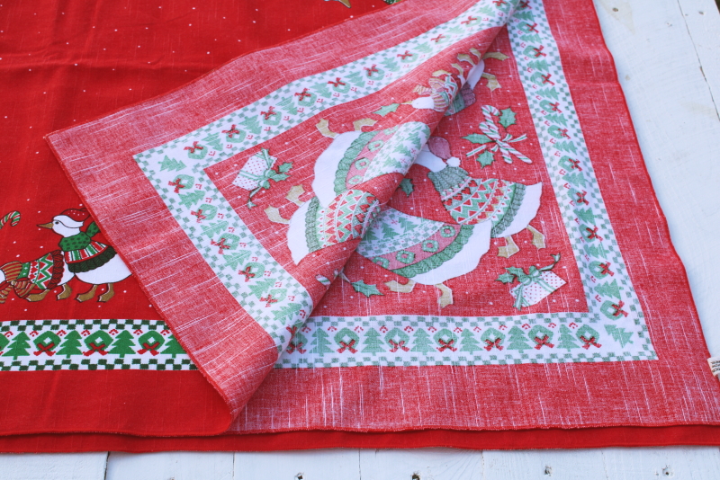 photo of 80s vintage Christmas goose print tablecloth, geese in sweaters & Santa hats!  #5