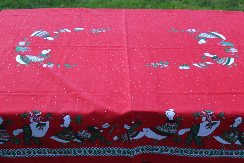 photo of 80s vintage Christmas goose print tablecloth, geese in sweaters & Santa hats!  #6