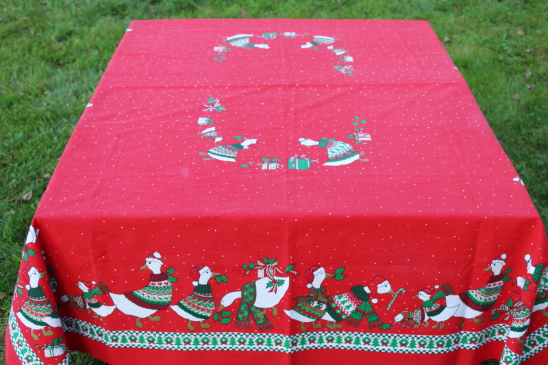 photo of 80s vintage Christmas goose print tablecloth, geese in sweaters & Santa hats!  #7