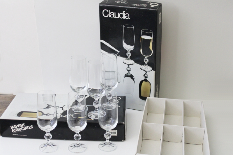 photo of 80s vintage Claudia stemware, set of 12 crystal champagne flute glasses hand blown glass Poland #5