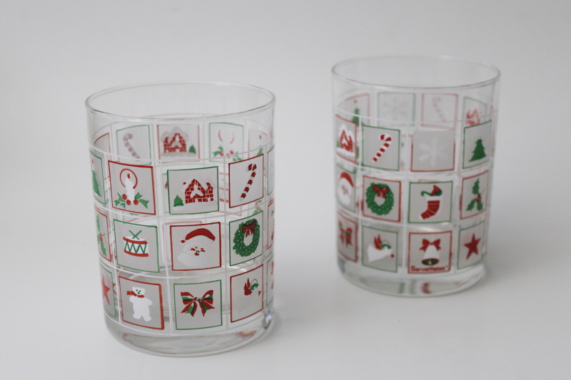 photo of 80s vintage Culver double old fashioned glasses, Christmas Potpourri pattern #1