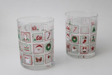 80s vintage Culver double old fashioned glasses, Christmas Potpourri pattern