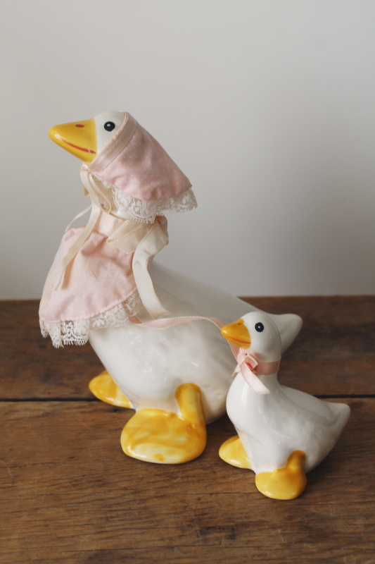 photo of 80s vintage Enesco Taiwan ceramic geese figurines, porch goose style mama goose in bonnet, baby w/ bow  #2