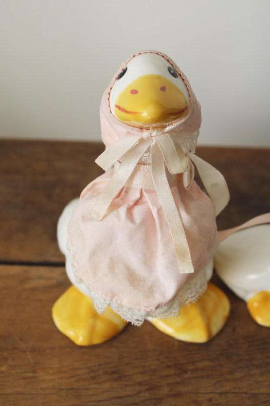 photo of 80s vintage Enesco Taiwan ceramic geese figurines, porch goose style mama goose in bonnet, baby w/ bow  #3