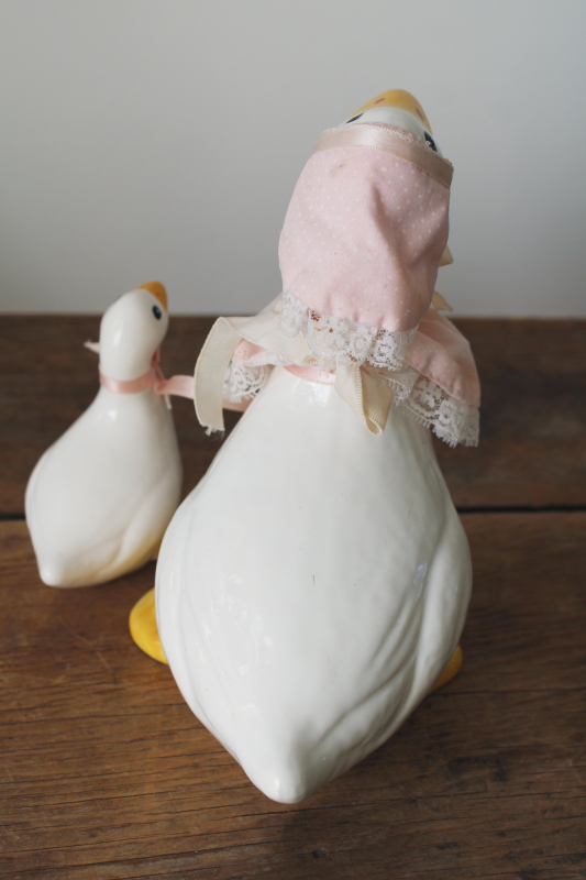 photo of 80s vintage Enesco Taiwan ceramic geese figurines, porch goose style mama goose in bonnet, baby w/ bow  #4