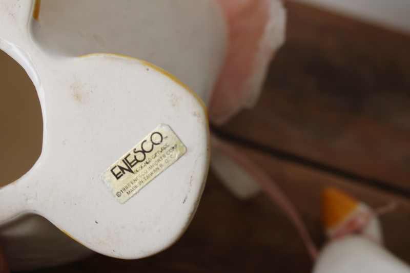 photo of 80s vintage Enesco Taiwan ceramic geese figurines, porch goose style mama goose in bonnet, baby w/ bow  #6