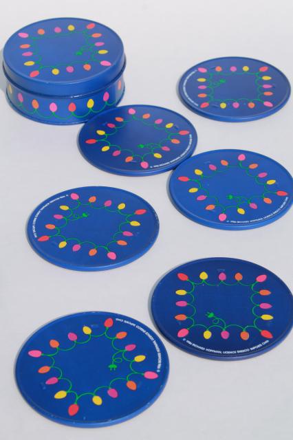 photo of 80s vintage Enesco holiday coaster set in metal tin, Christmas lights coasters #1