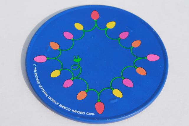 photo of 80s vintage Enesco holiday coaster set in metal tin, Christmas lights coasters #4