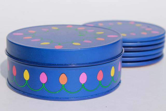 photo of 80s vintage Enesco holiday coaster set in metal tin, Christmas lights coasters #5