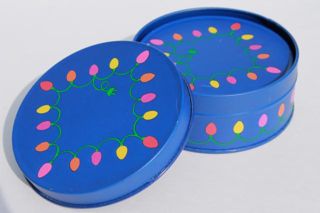 photo of 80s vintage Enesco holiday coaster set in metal tin, Christmas lights coasters #6