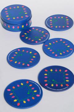 catalog photo of 80s vintage Enesco holiday coaster set in metal tin, Christmas lights coasters