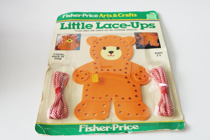 photo of 80s vintage Fisher Price lace up sewing card, plastic bear and laces sealed package #1