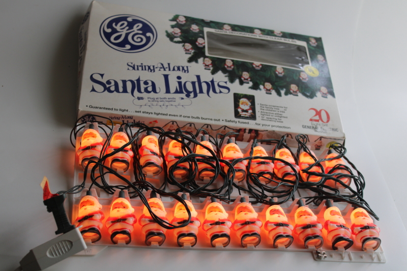 photo of 80s vintage GE Christmas lights set in original box, blow mold plastic mini Santas  #1