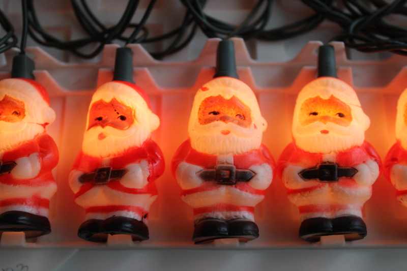 photo of 80s vintage GE Christmas lights set in original box, blow mold plastic mini Santas  #2