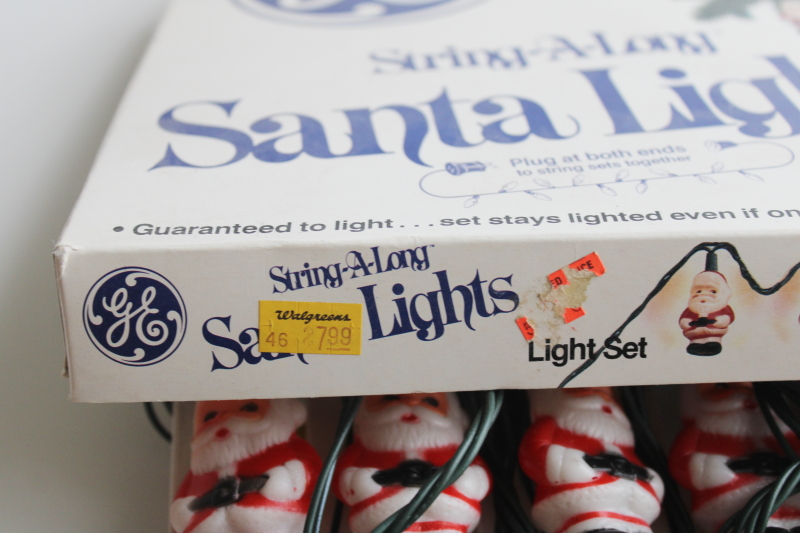 photo of 80s vintage GE Christmas lights set in original box, blow mold plastic mini Santas  #6