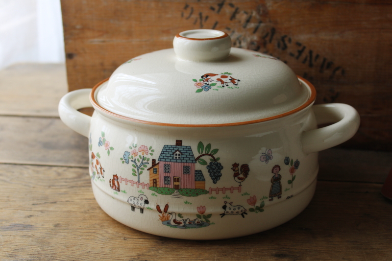 photo of 80s vintage Japan stoneware Country Home grandmacore folk art farm Jamestown china covered casserole #1