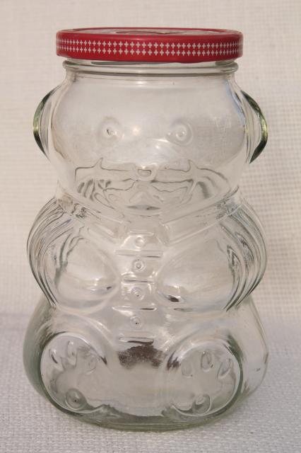 photo of 80s vintage Kraft jelly jar w/ teddy bear shape, glass jam jar coin bank #3