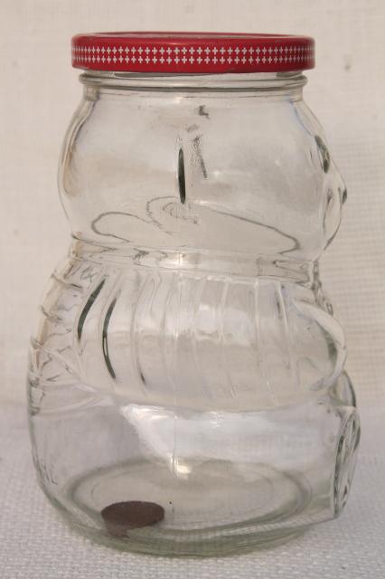 photo of 80s vintage Kraft jelly jar w/ teddy bear shape, glass jam jar coin bank #4