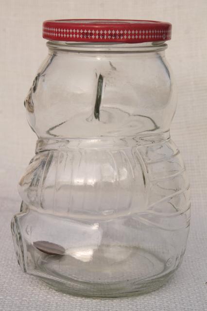 photo of 80s vintage Kraft jelly jar w/ teddy bear shape, glass jam jar coin bank #7