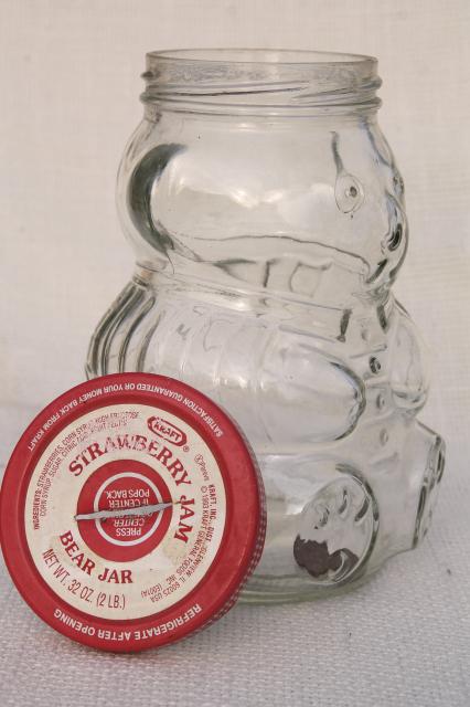 photo of 80s vintage Kraft jelly jar w/ teddy bear shape, glass jam jar coin bank #8