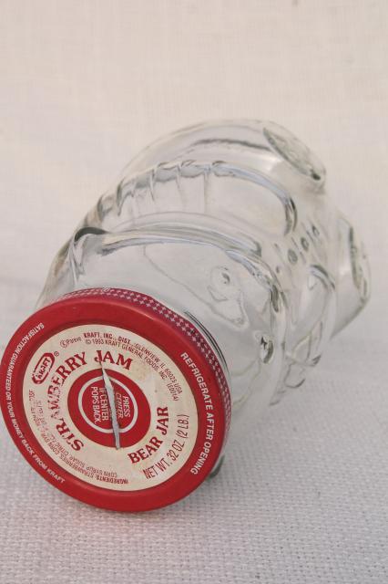 photo of 80s vintage Kraft jelly jar w/ teddy bear shape, glass jam jar coin bank #10