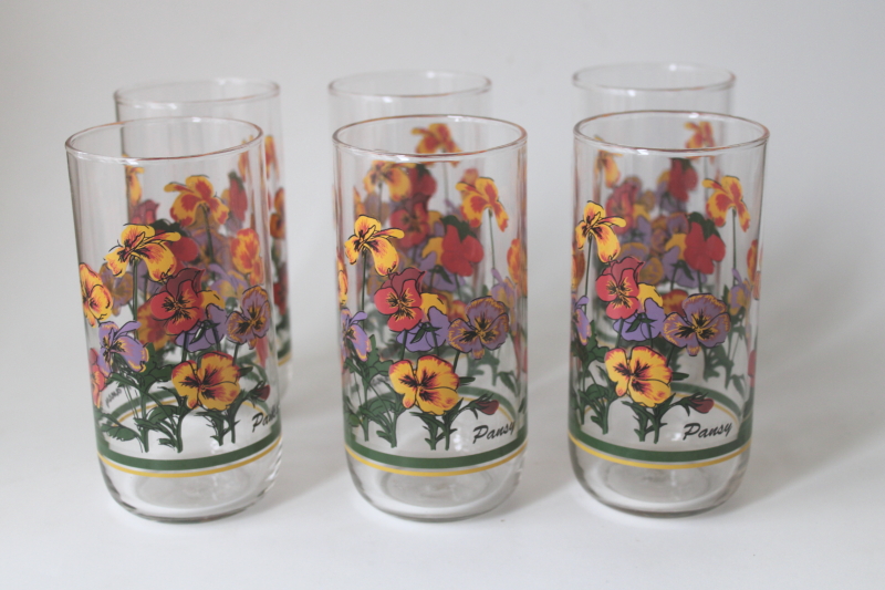 photo of 80s vintage Libbey Pansy floral print drinking glasses tumblers set #1