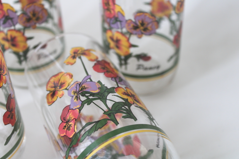 photo of 80s vintage Libbey Pansy floral print drinking glasses tumblers set #2