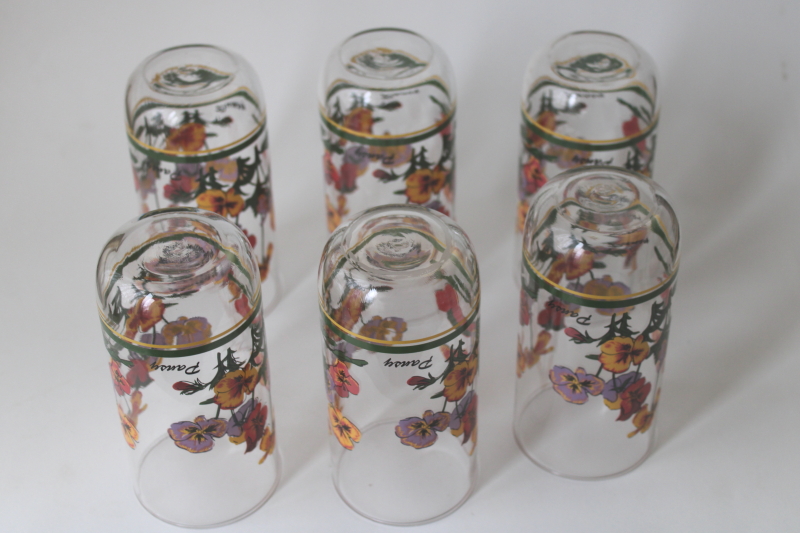 photo of 80s vintage Libbey Pansy floral print drinking glasses tumblers set #3