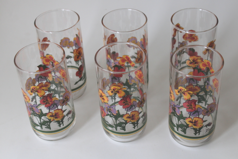 photo of 80s vintage Libbey Pansy floral print drinking glasses tumblers set #5